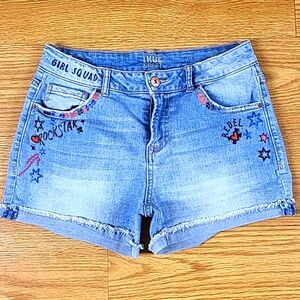 TRUE CRAFT GIRLS PRE-OWNED FADED DISTRESSED EMBROIDERED ART DENIM JEAN SHORT 5x3